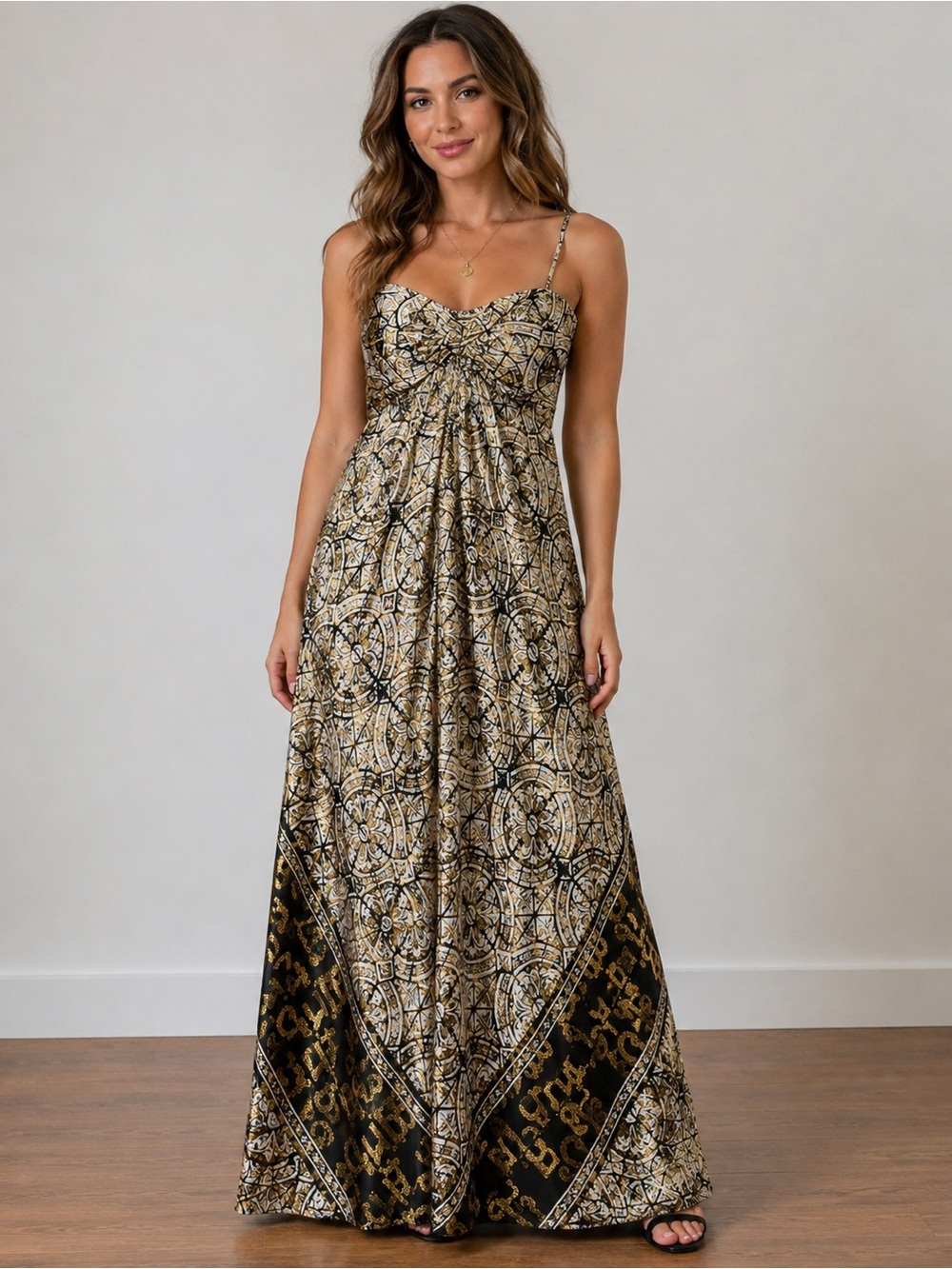 Nicole Miller Collection Silk Black Gold Metallic Maxi Dress Size 6 Formal Gown